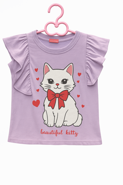 Lavender Ruffle Sleeve 'Beautiful Kitty' Top for Girls – Cute & Comfy