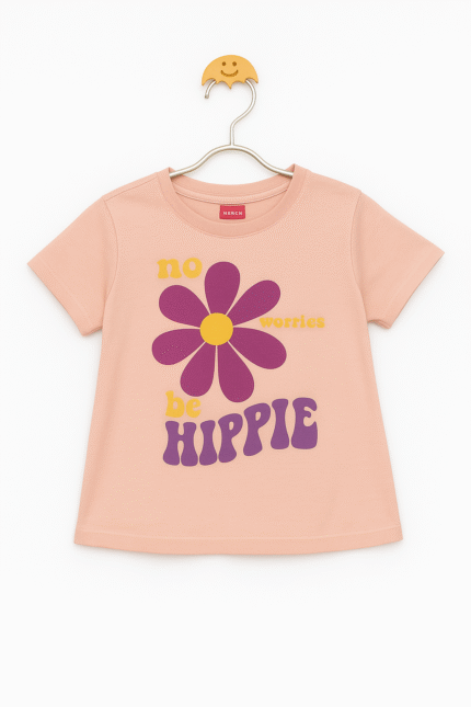 Peach 'No Worries Be Hippie' Flower Graphic Tee for Girls – Fun & Retro Vibes